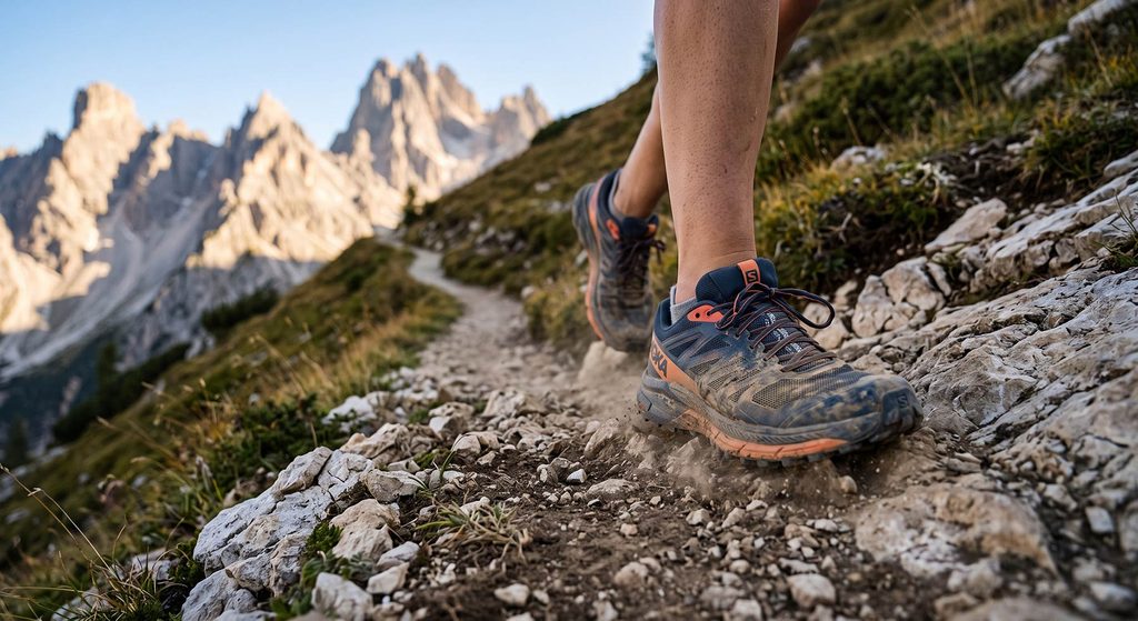 Scarpa da trail su percorso di montagna